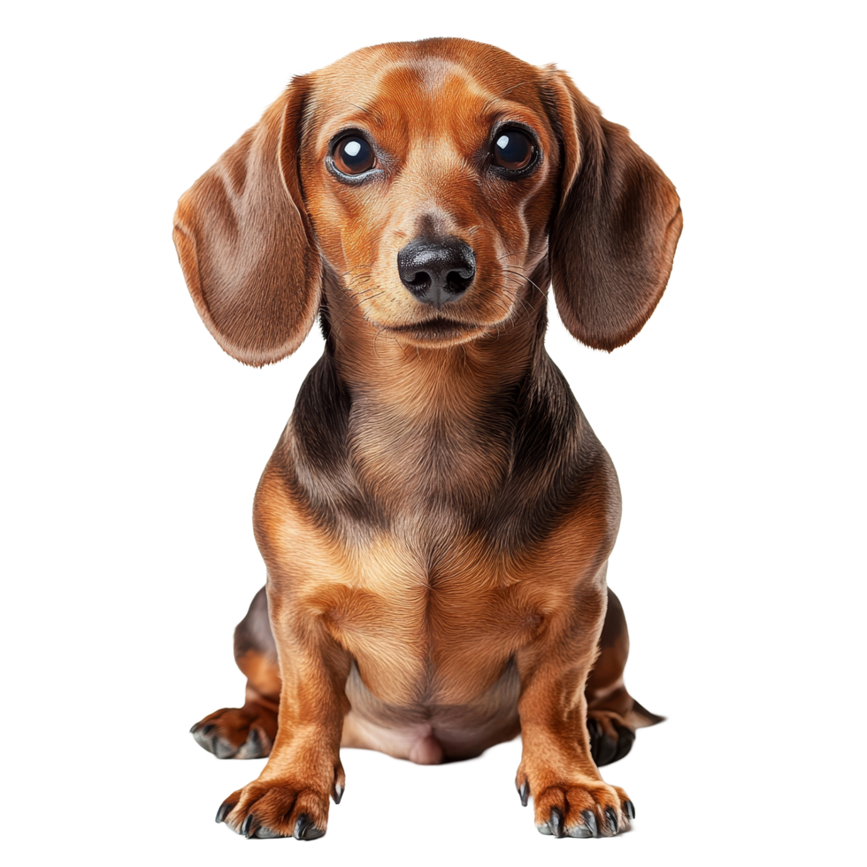 A delightful sausage dog sits upright, focusing directly ahead with expressive eyes, sausage dog isolated on transparent background png
