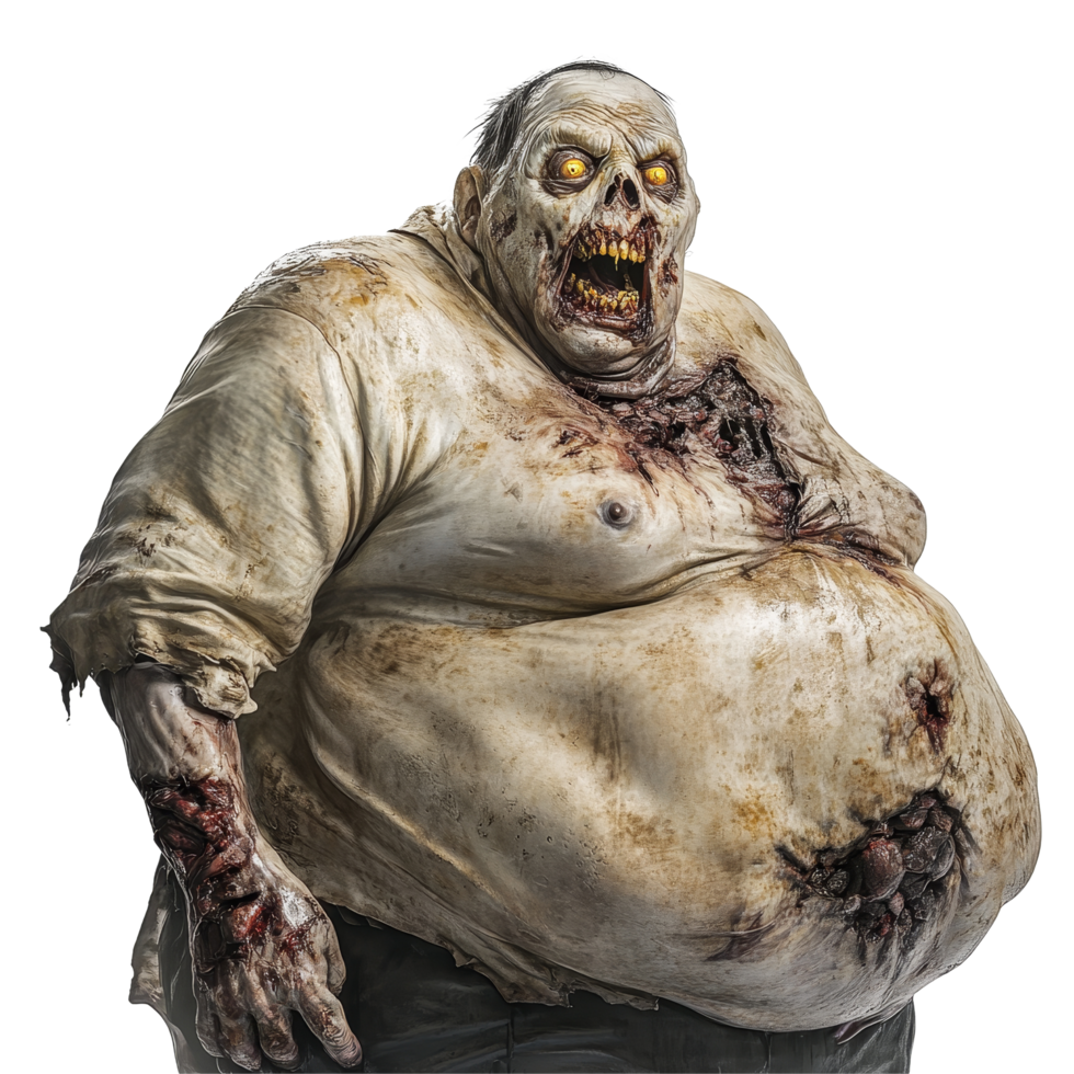 A grotesque fat zombie with a menacing look poses against a stark transparent background, embodying horror, Fat scary zombie on transparent background png