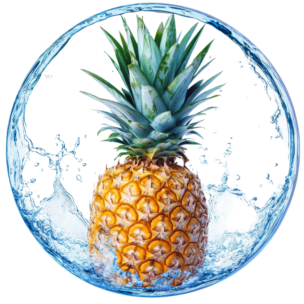 Fresh pineapple surrounded by a splash of water contained in a circular shape for a vibrant and refreshing look, Pineapple with water splash in circle shape isolated png
