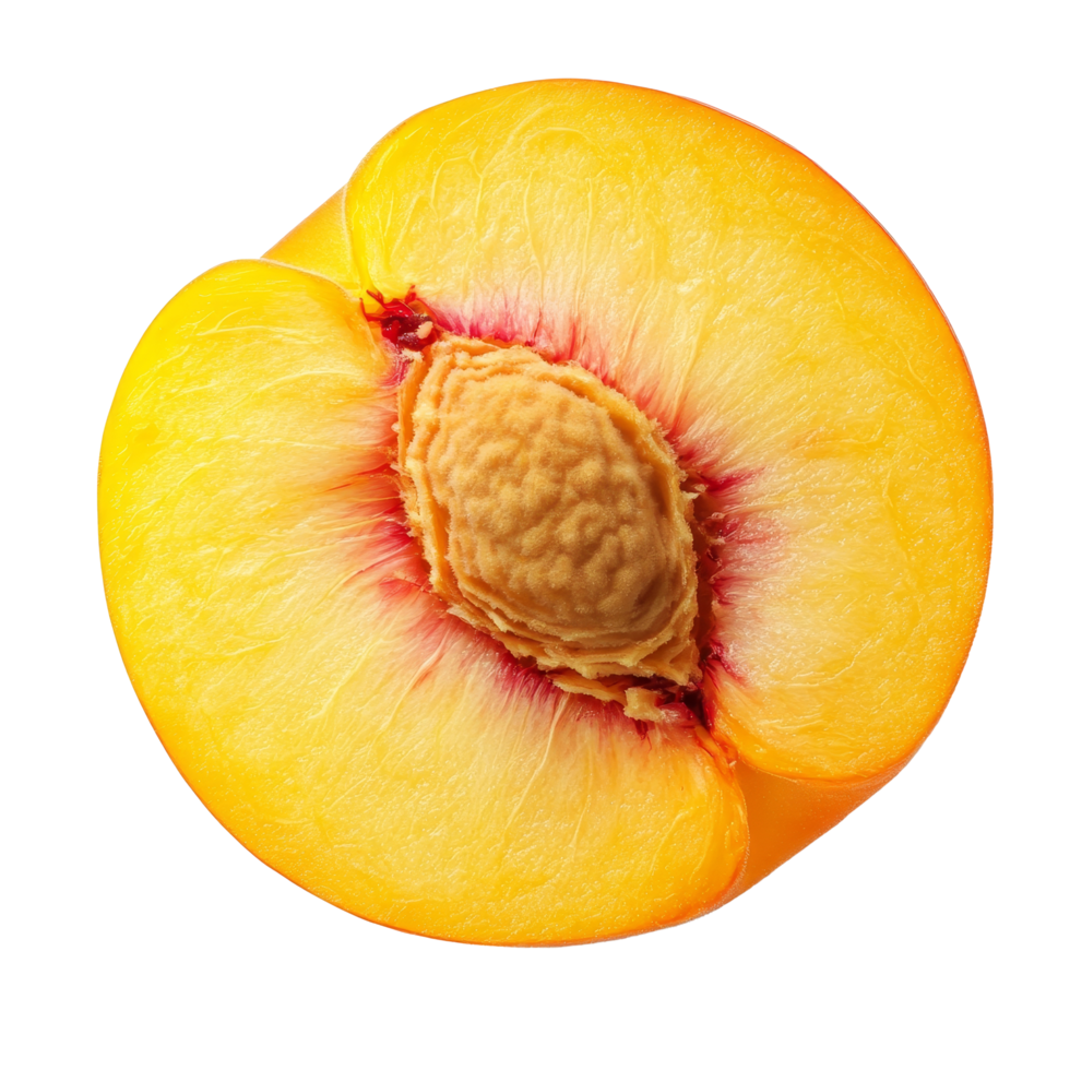 Half of a ripe yellow peach showcasing vibrant color and texture against a plain transparent background, Half of ripe yellow peach on transparent background png