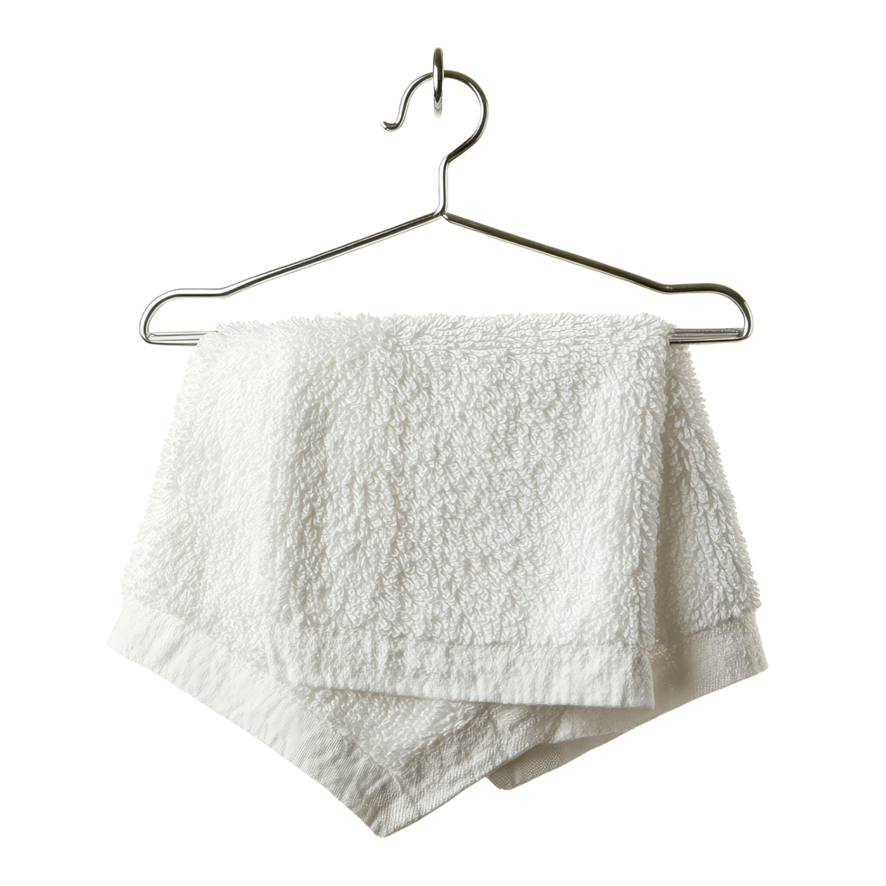 Soft transparent hand towel neatly hung on a metal hanger isolated against a clean transparent background, Hand towel on the hanger isolated on transparent background png