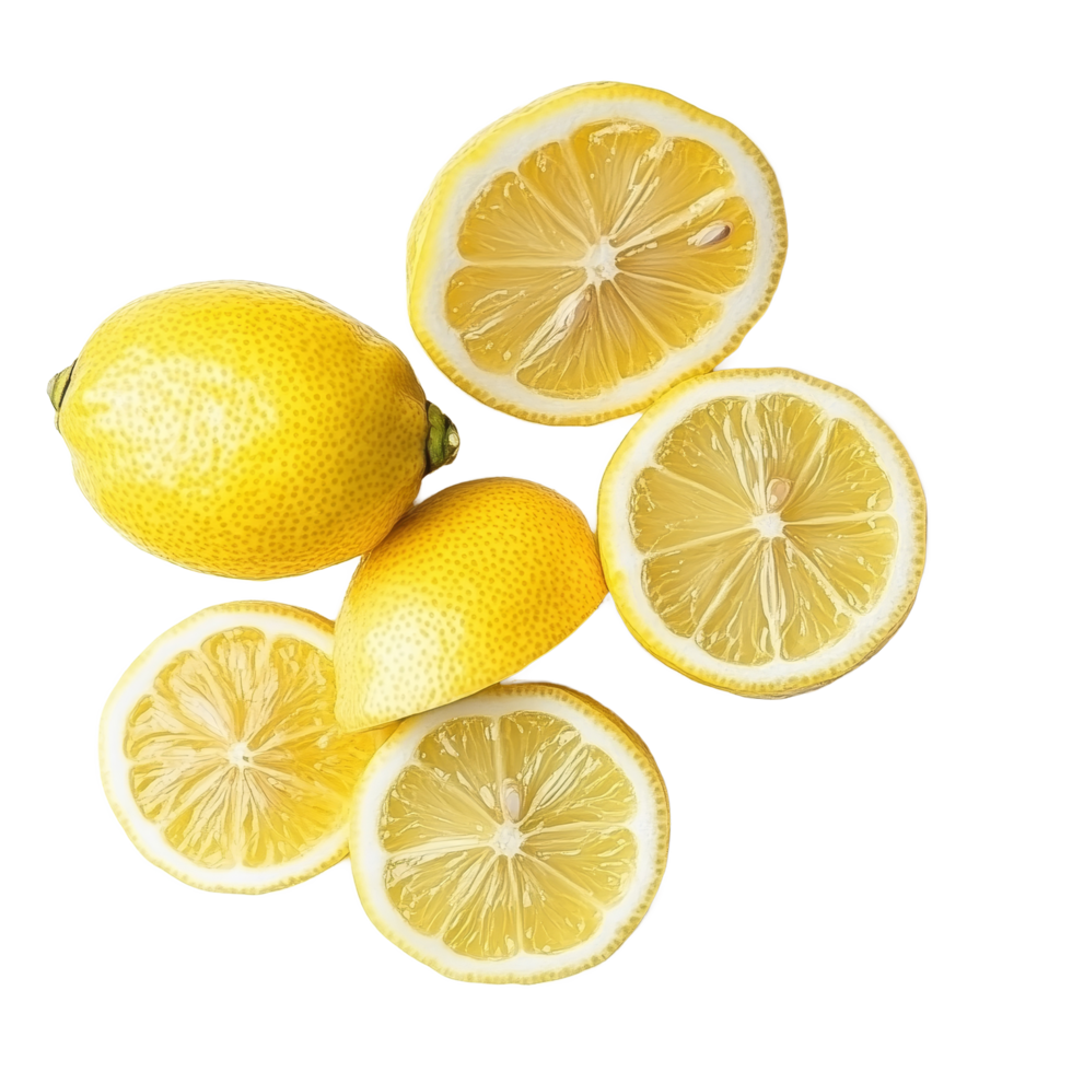 Fresh lemons and lemon slices isolated on a clean transparent background showcasing their vibrant color and texture, lemons isolated on transparent background png