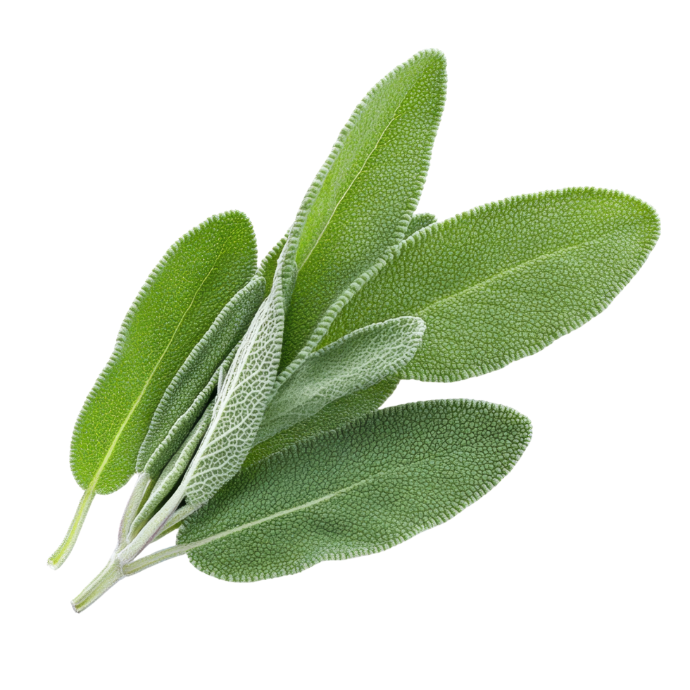 Fresh sage herb leaves isolated against a transparent background showing intricate textures and vibrant green hues, sage herb leaf isolated transparent background png