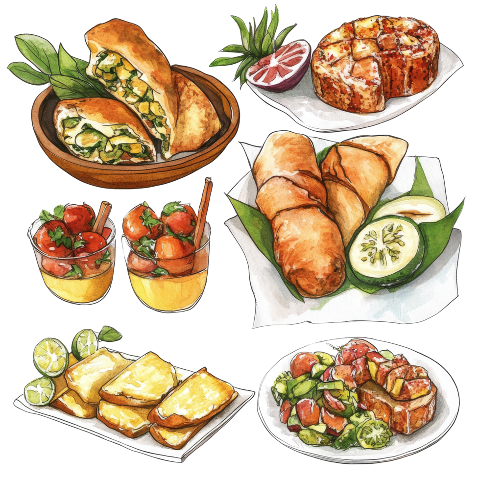 A colorful watercolor illustration of delicious Brazilian food featuring snacks, salads, and tropical fruits, delicious brazilian food transparent background big png