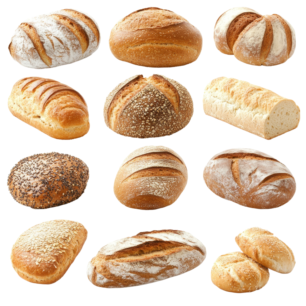 A beautiful assortment of freshly baked bread displayed on a transparent background for a delightful culinary experience, Delicious different sort of bread, bakery on transparent background png