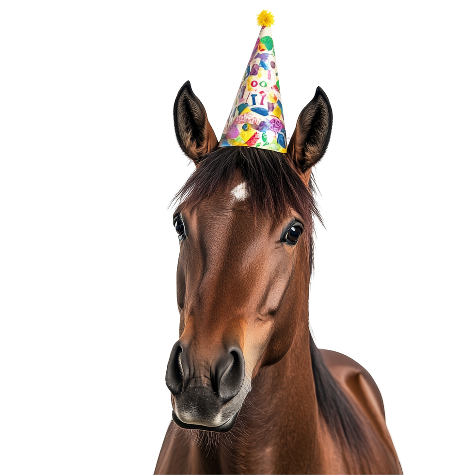 A funny horse celebrates a special day wearing a colorful birthday hat against a bright transparent background, funny horse wearing a birthday hat on transparent background png