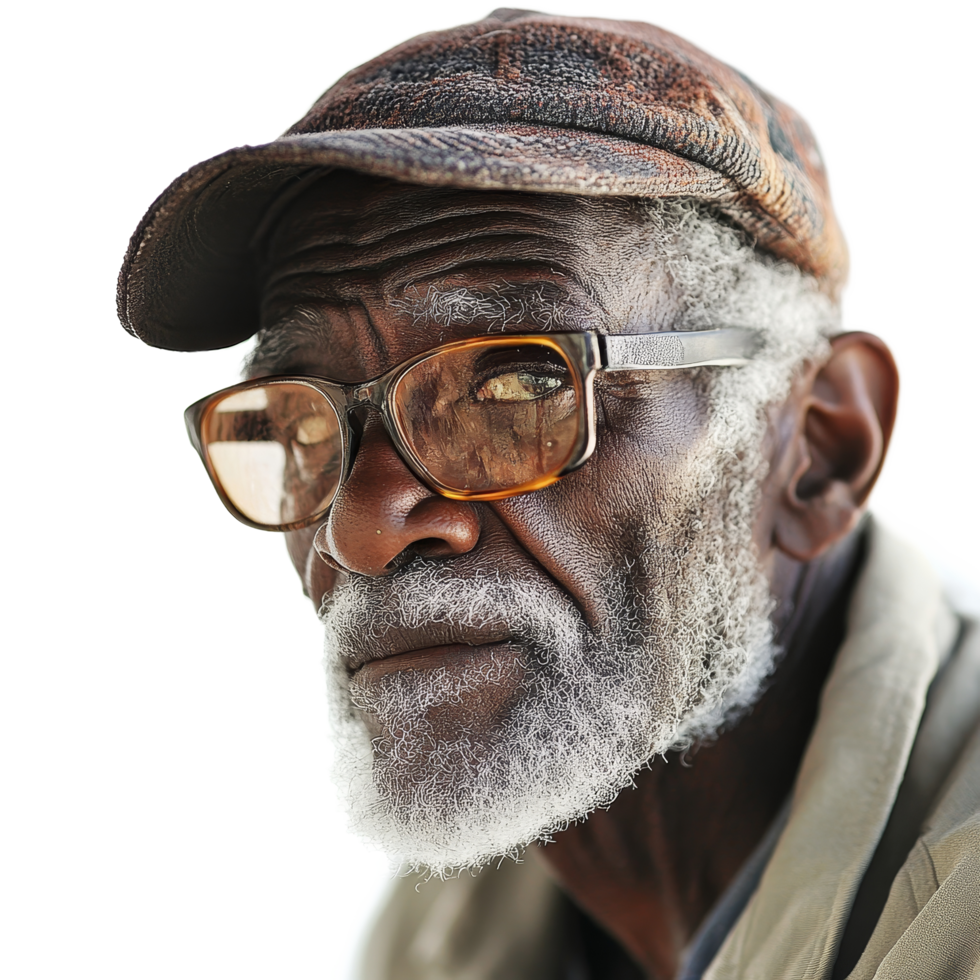 An elderly man with glasses and a cap gazing pensively against a transparent background in a quiet moment, Old man on transparent background png