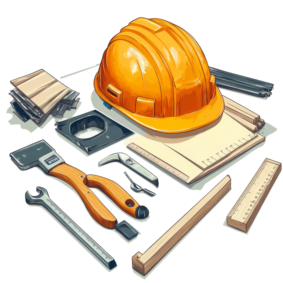 Essential carpentry tools and a safety helmet arranged on a workbench for construction activities, Carpentry tools with safety helmet Stock Illustration png