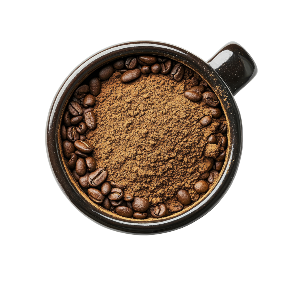 A close up view of a black coffee cup filled with freshly ground coffee powder and coffee beans on a clean transparent background, coffee cup filled of coffee powder Stock Photo png