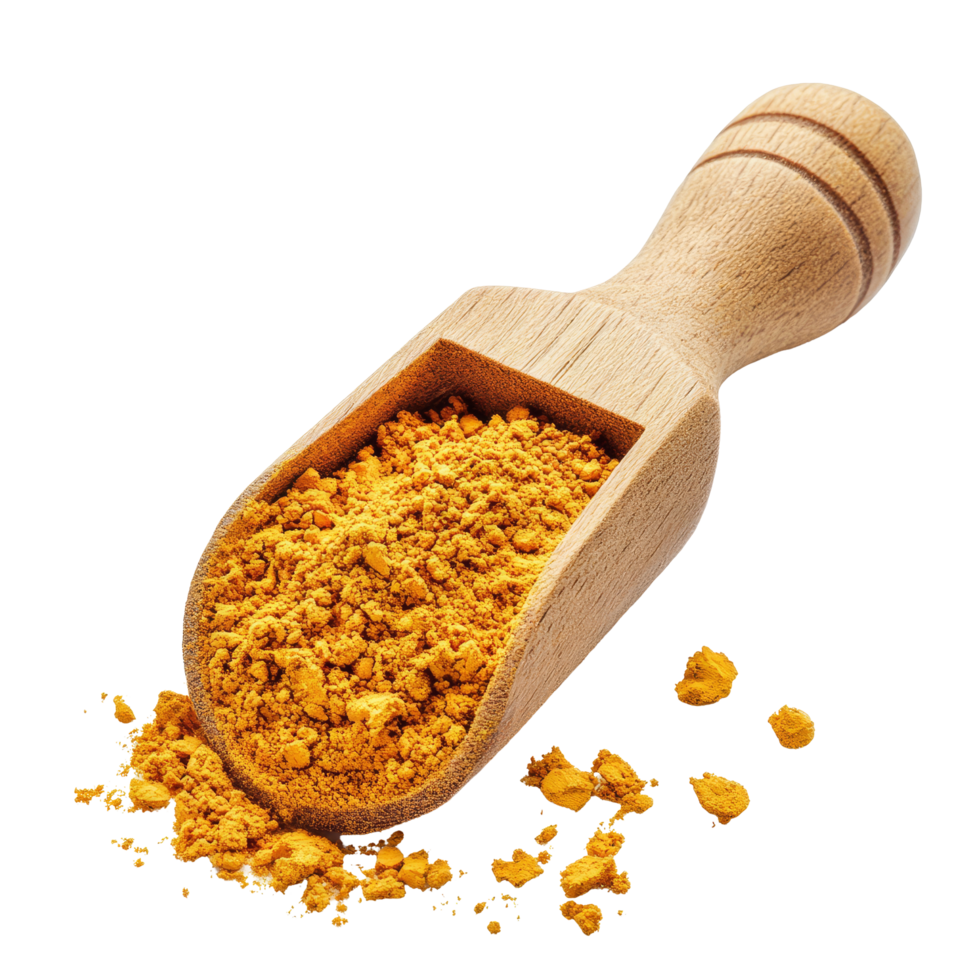 Turmeric powder in a wooden scoop isolated on a bright transparent background showcasing vibrant color and texture, turmeric powder in wood scoop isolated on transparent background png