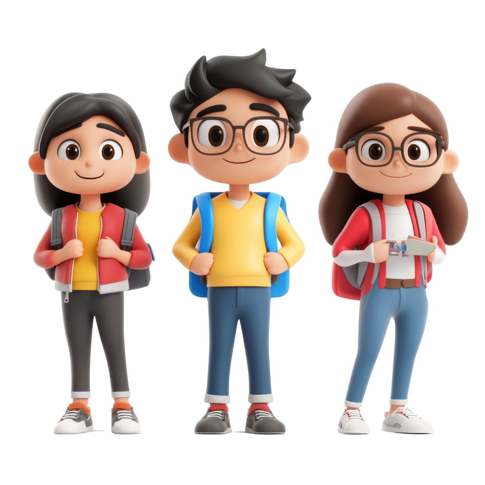 Cute cartoon student group with backpacks stands together in a cheerful pose on transparent background, 3D Cartoon Character Group Cute Student, Isolated on transparent background png