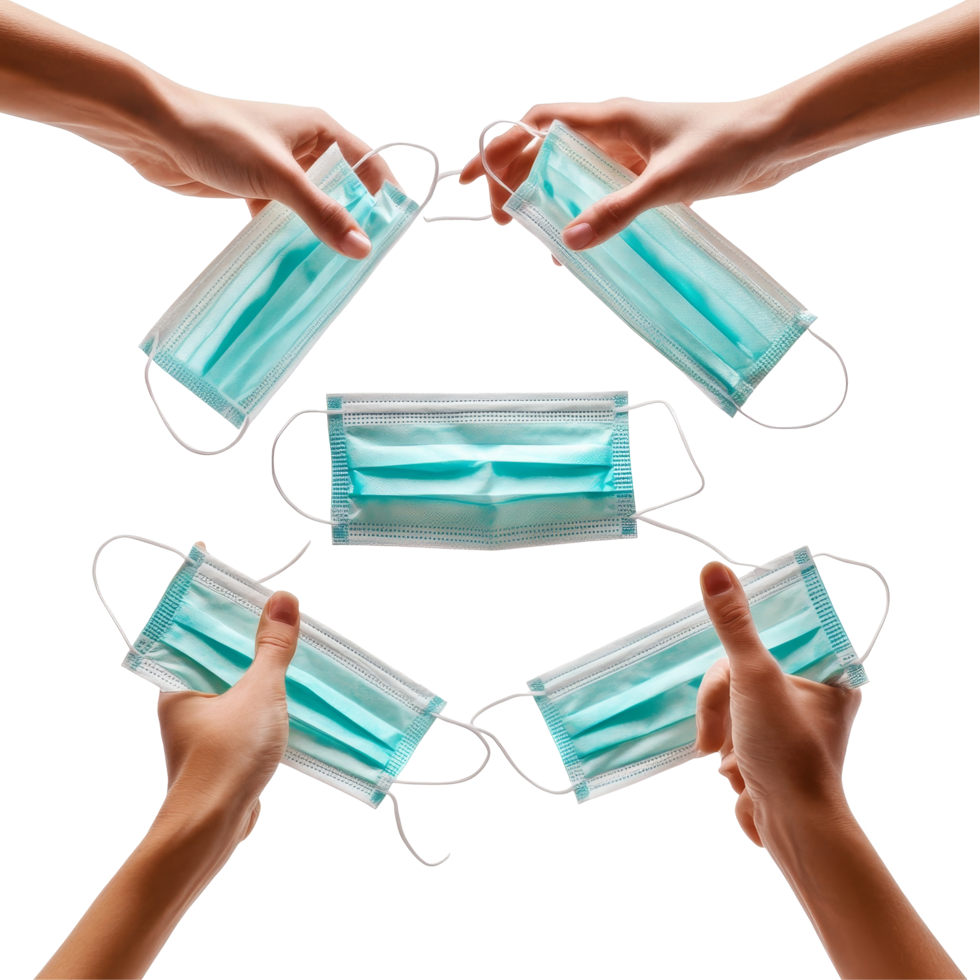 Hands exchanging medical face masks for COVID 19 protection in a well lit environment, handing medical face masks for covid19 virus protection on transparent backgroundfile png