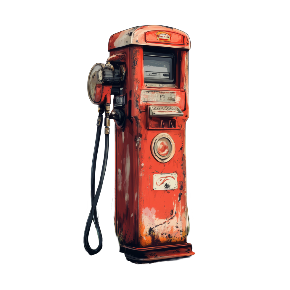 Rusty vintage gasoline pump standing on overgrown grass with a cloudy background, evoking a nostalgic atmosphere, Gasoline pump Stock Illustration png