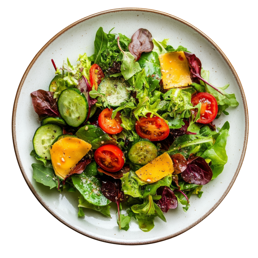 Fresh garden salad with leafy greens, cucumbers, and cherry tomatoes served on a transparent plate, of plate of salad top view isolated on solid transparent background png