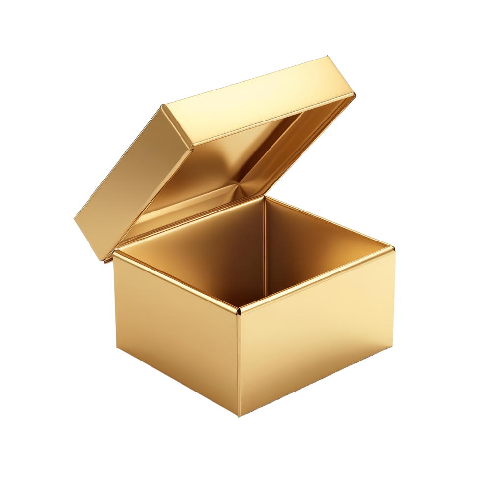 Elegant gold gift box isolated on a transparent background, perfect for special occasions and celebrations, Gold open gift box isolated png