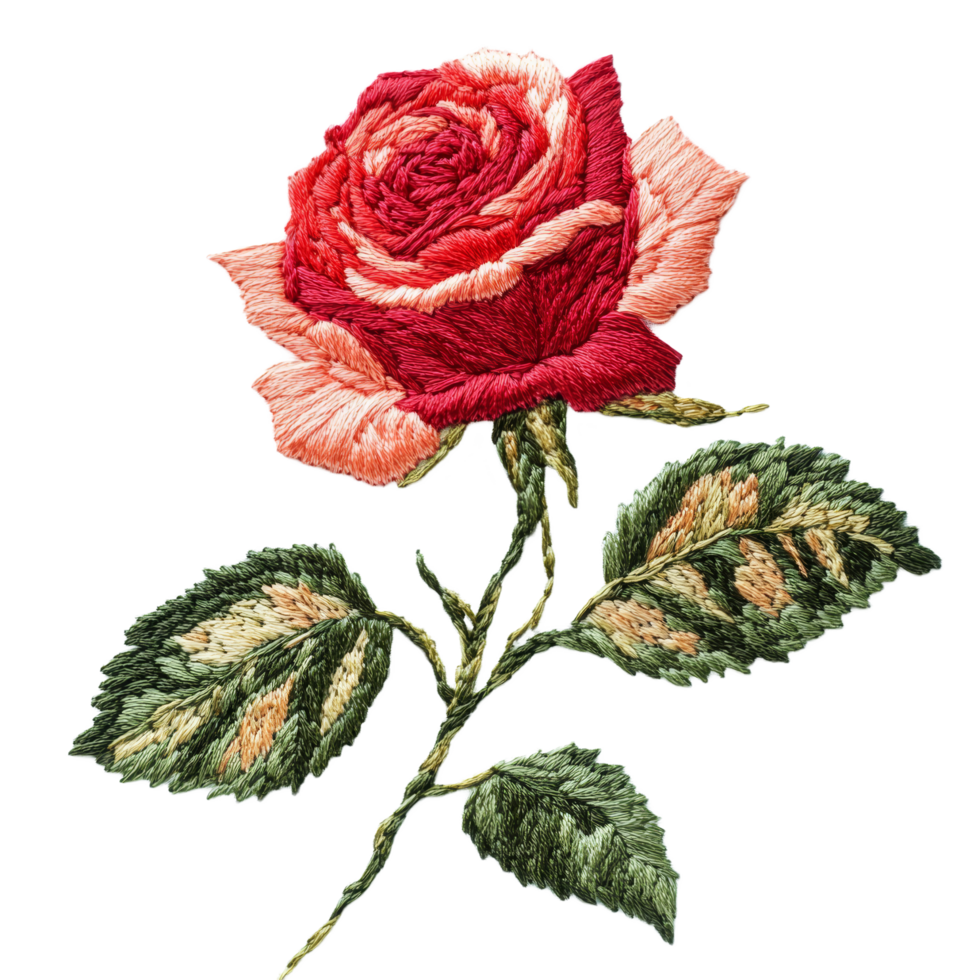 Vibrant rose embroidery on a transparent background, highlighting intricate craftsmanship and creativity, Embroidery rose flower on a transparent background png