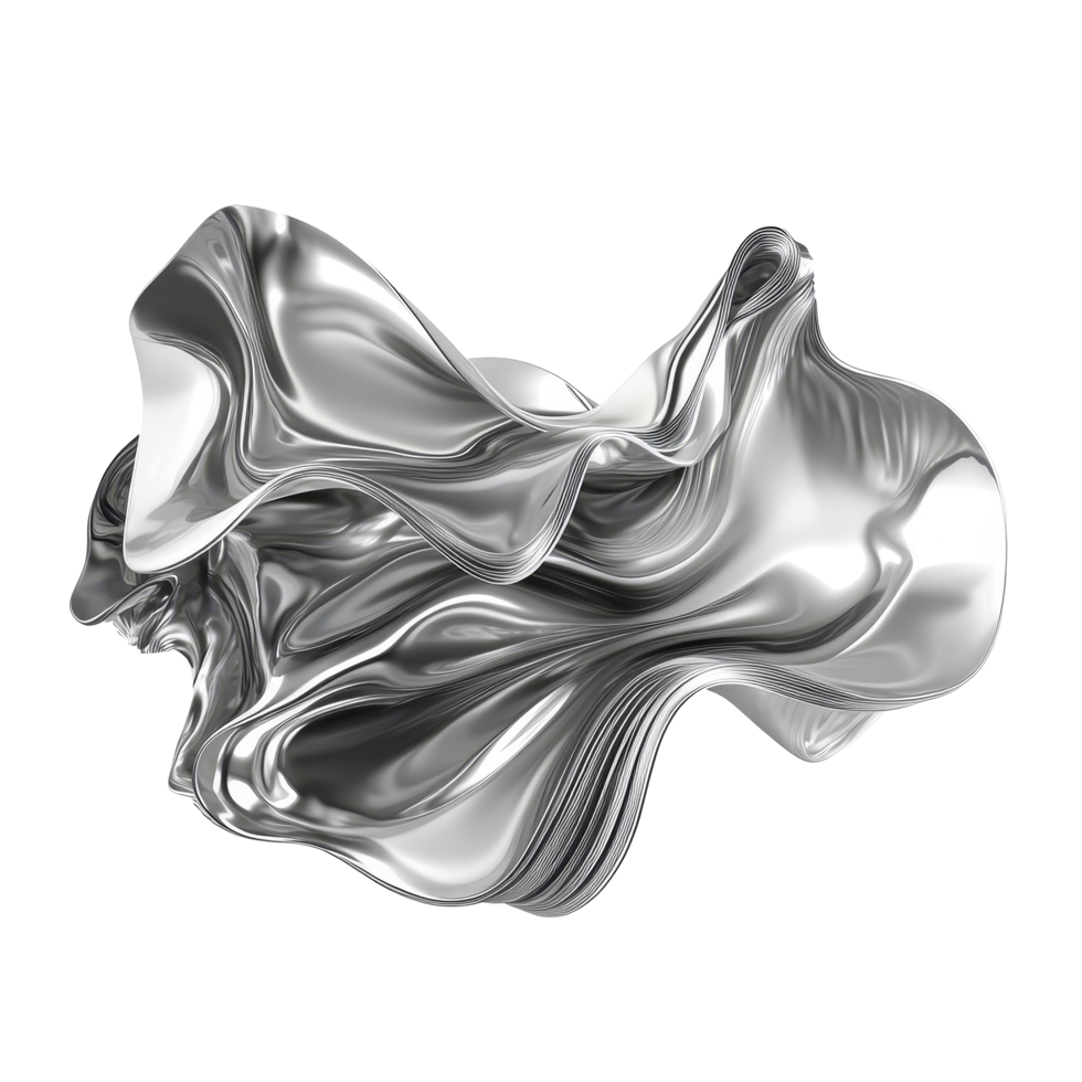 Dynamic metallic wave shape showcasing flowing abstraction and unique textures in a minimalist setting, flowing abstract metallic wave solid shape isolated transparent background png