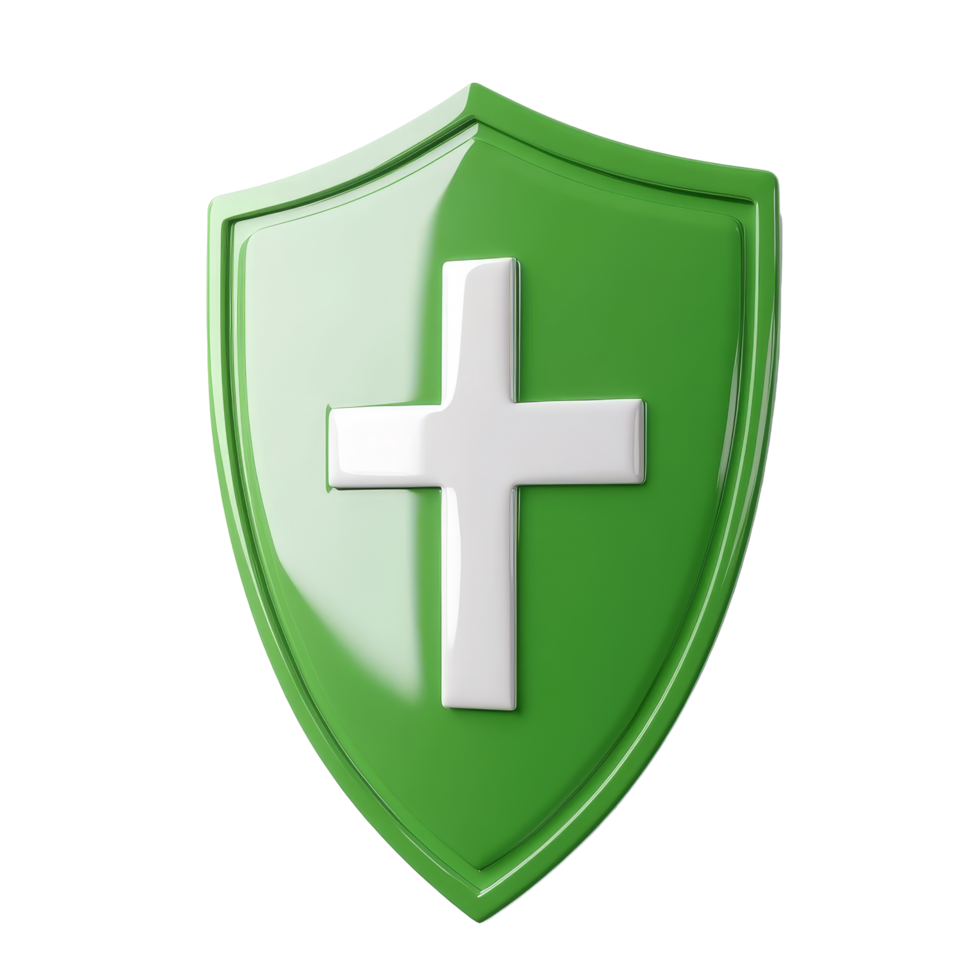 A green shield featuring a prominent transparent cross displayed on a minimalistic background in modern design, green shield with transparent cross icon 3d isolated on transparent background png