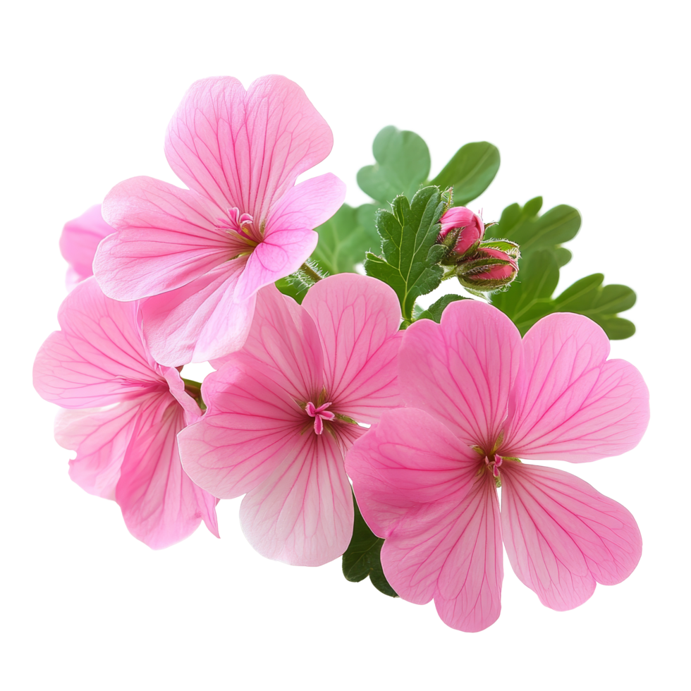 Delicate geranium flowers with soft pink petals and green foliage isolated on a transparent background, geranium flowers isolated on transparent background png