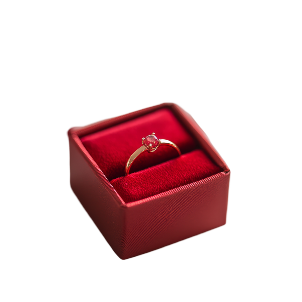 A delicate gold ring placed in a red box surrounded by rose petals on a pristine transparent background, red box gold ring and rose petals on transparent background png