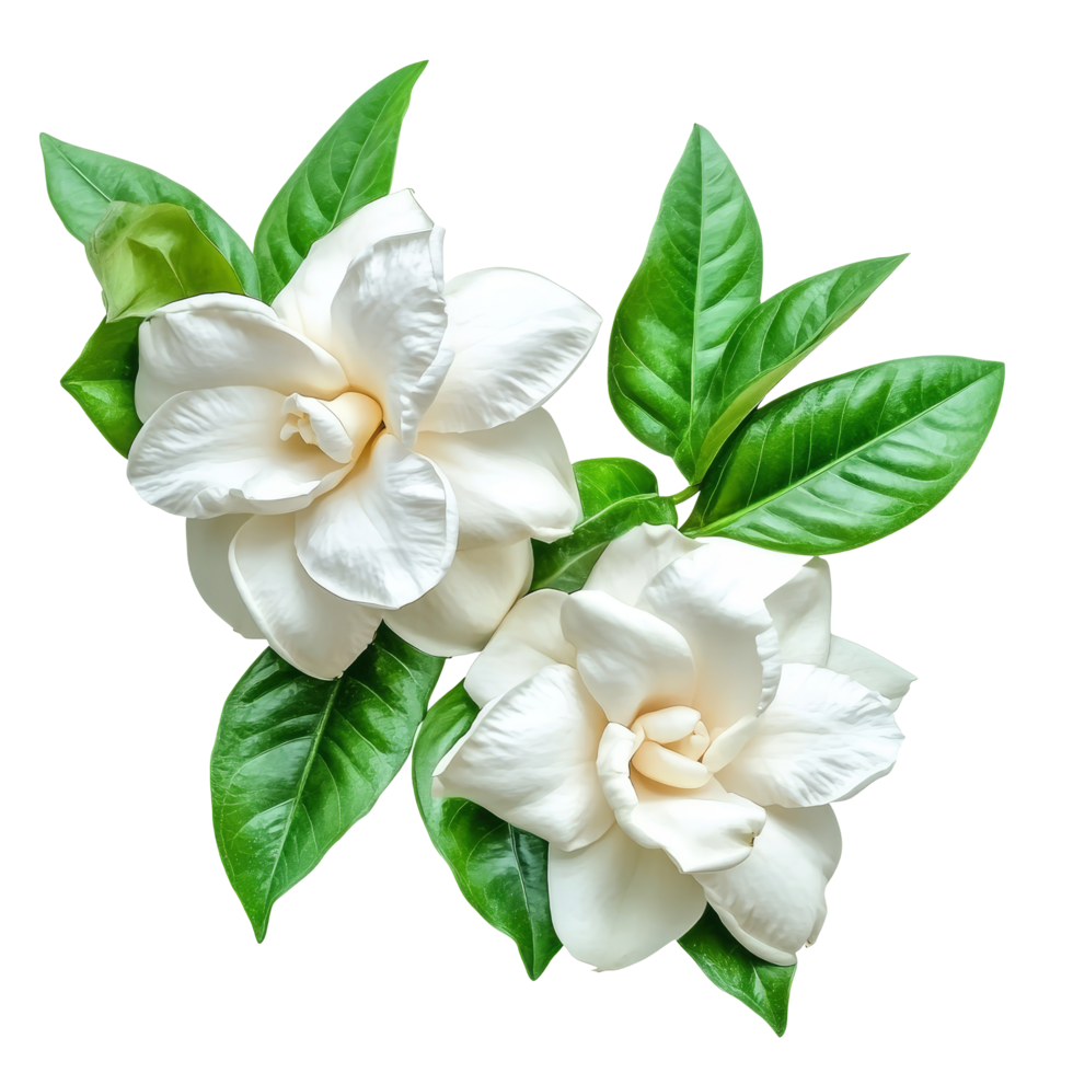 Beautiful gardenia flowers with lush green leaves on a transparent background showcasing their delicate petals, Gardenia flowers isolated on transparent background png