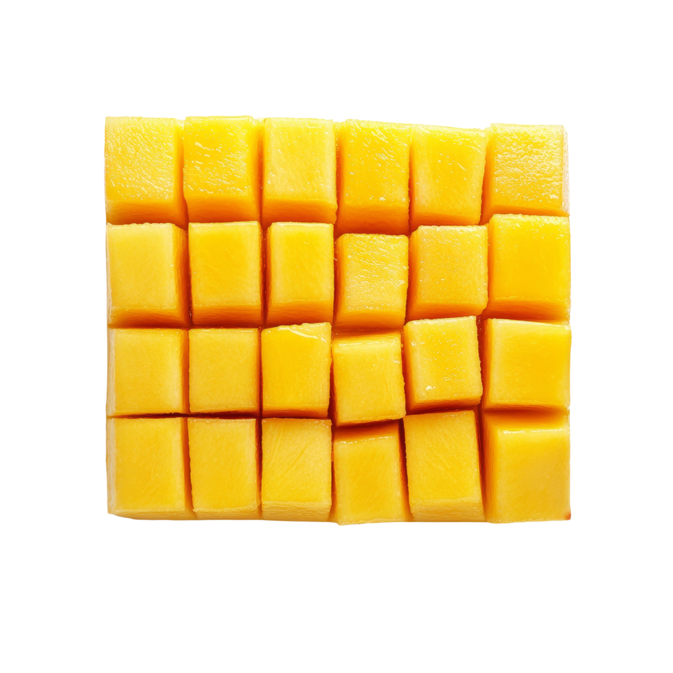Fresh mango slice cut into cubes isolated on a transparent background showcasing its vibrant color and texture, Mango slice cut to cubes closeup isolated on transparent background png