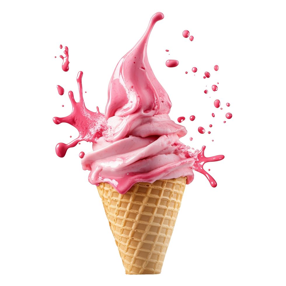 Delicious strawberry ice cream cone with a vibrant splash against a clean transparent background, Strawberry Ice Cream Cone with Splash on transparent background png
