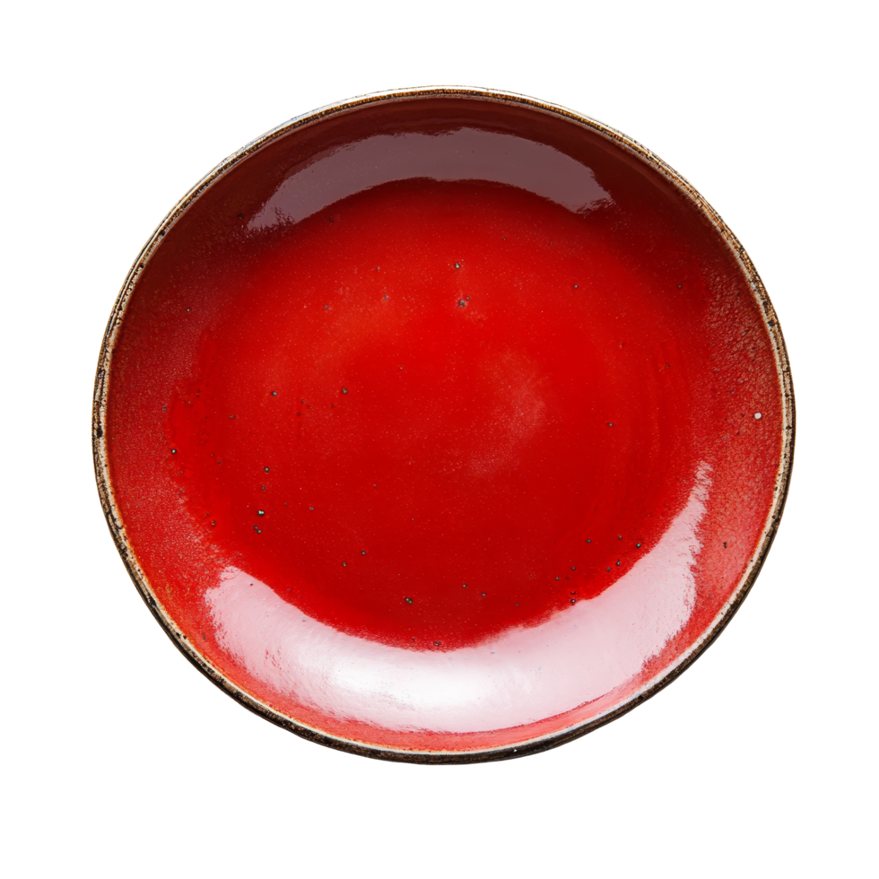 A vibrant red plate resting on a clean transparent background showcasing its unique texture and simple elegance, red plate on transparent background png