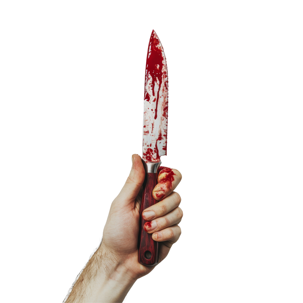 Hand gripping a bloody knife held against a plain transparent background highlighting a dramatic moment of tension, Hand Holding Bloody Knife on transparent background png