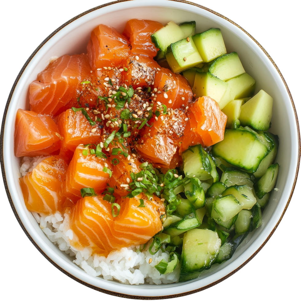 Fresh salmon poke bowl with rice and cucumber served in a decorative bowl for a healthy meal, portion of salmon poke bowl png