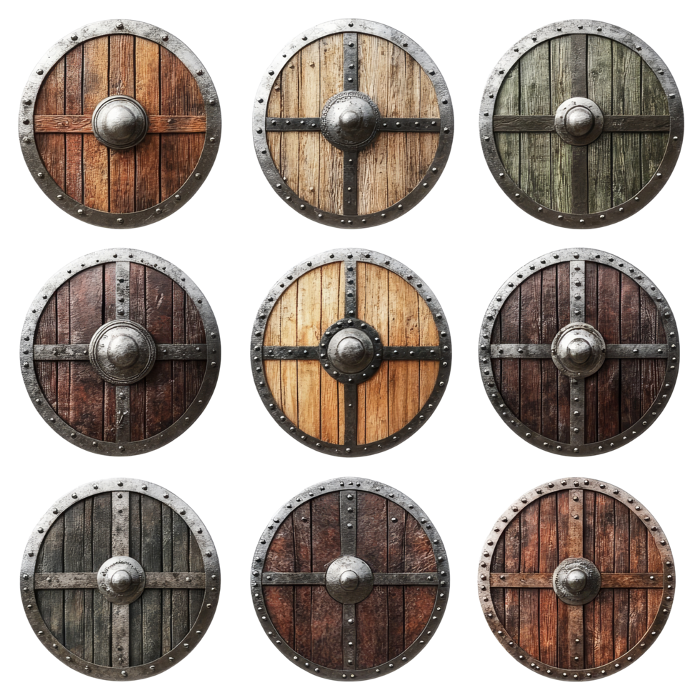Viking medieval shields displayed in a grid on a transparent background, Viking Medieval Shields Isolated on transparent background png