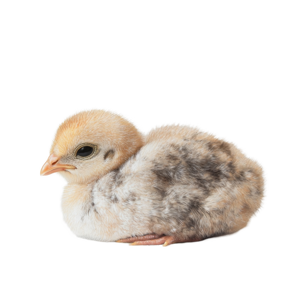 A fluffy baby chicken resting quietly on a soft transparent surface with a peaceful expression, Baby Chicken on transparent background png