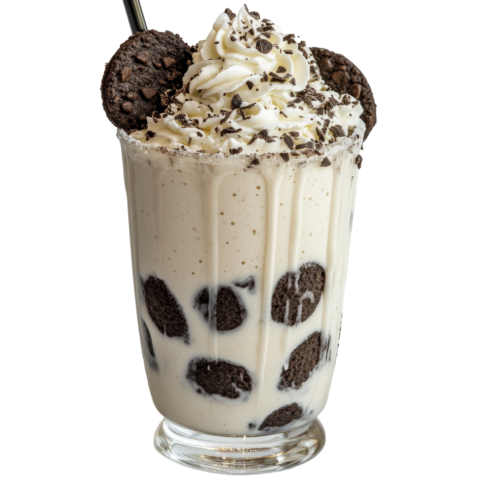 Delicious cookies and cream milkshake topped with whipped cream and chocolate cookies, Cookies and Cream Milkshake with Whipped Cream on transparent background png