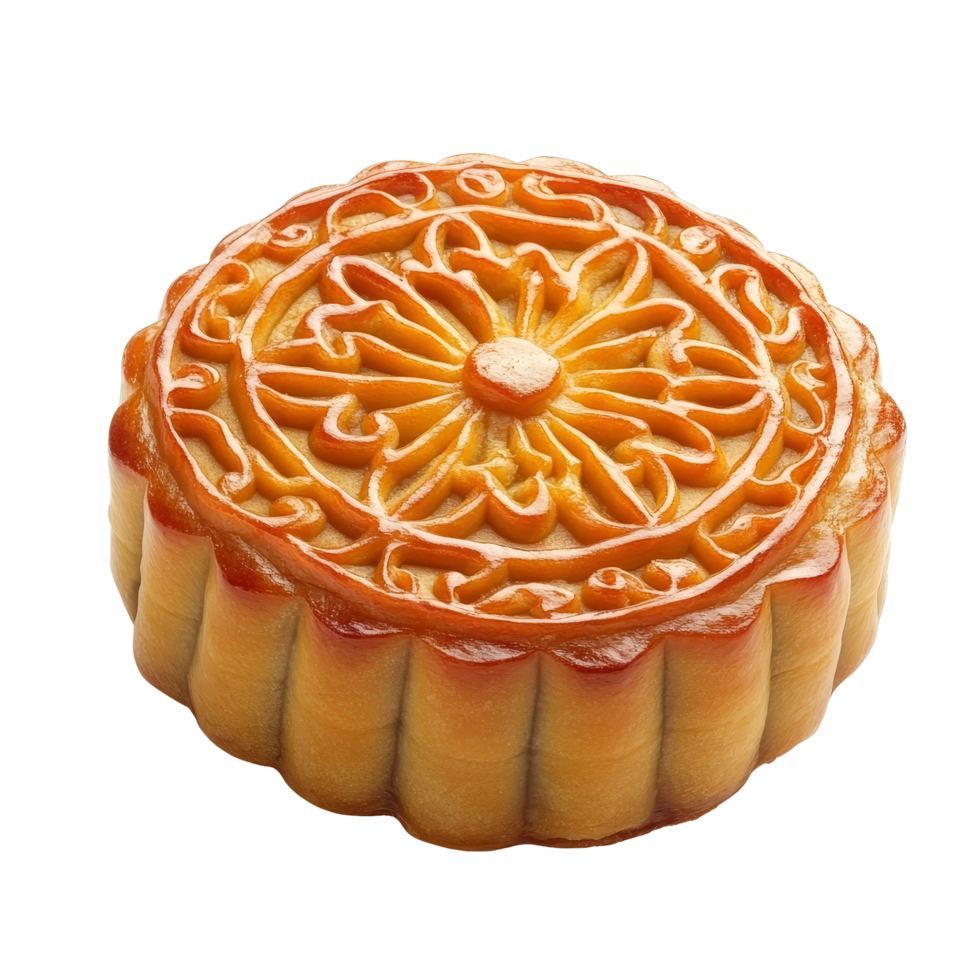Traditional festival moon cake with intricate design set on a plain transparent background for celebration, Festival moon cake on transparent background png