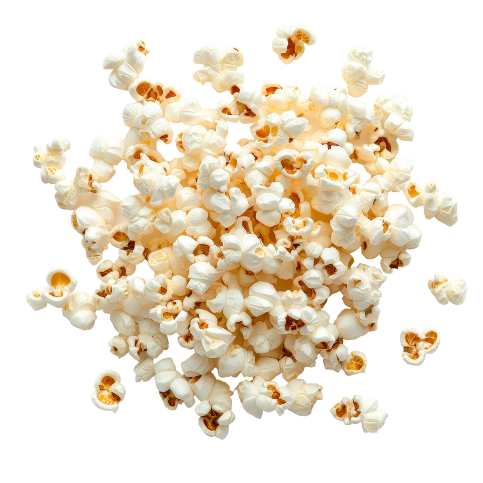 Freshly popped popcorn scattered on a bright transparent surface ready for snacking or movie night enjoyment, Popcorn on transparent background png
