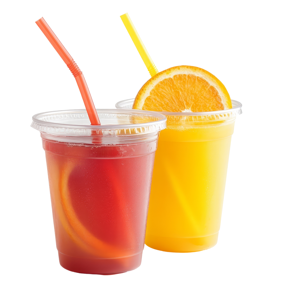 Refreshing orange and red fruit juices served in clear plastic cups with straws for a sunny afternoon, Refreshing Orange and Red Fruit Juices in Plastic Cups with Straws Isolated on transparent background png