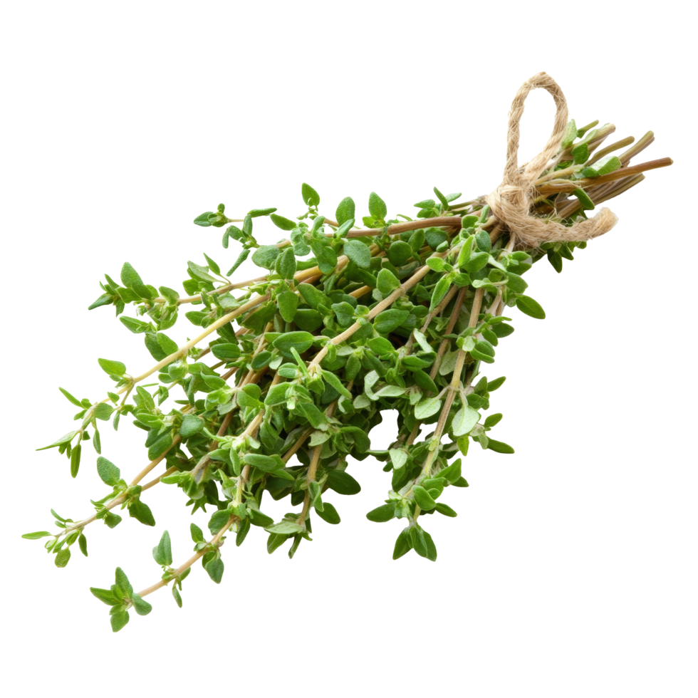 Fresh thyme sprigs isolated on a transparent background, showcasing vibrant green leaves and earthy stems, Fresh thyme isolated on transparent background png