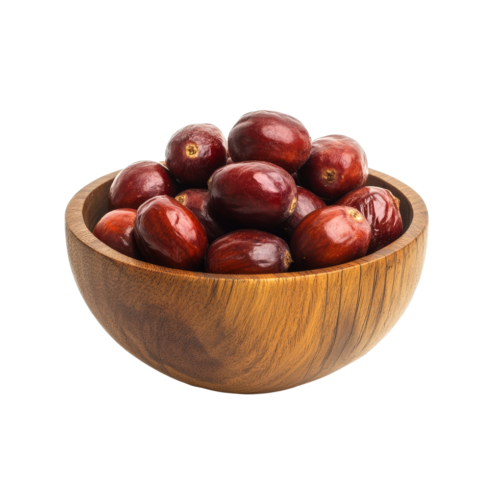 Jujube fruit in a wooden bowl on a transparent background highlighting natural textures and colors, Jujube in wood bowl isolated on transparent background png