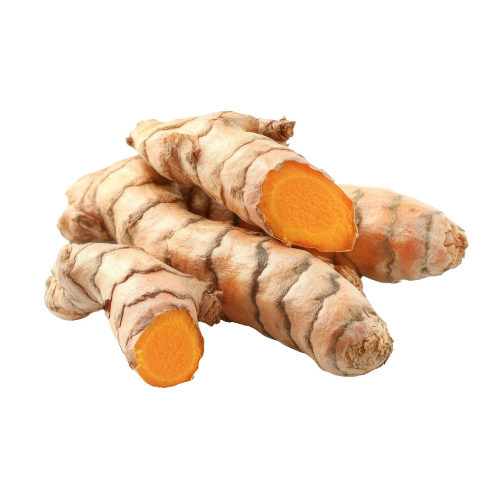 Fresh turmeric roots on a transparent background, showcasing vibrant orange flesh and rough exterior texture, Fresh turmeric isolated on transparent background png
