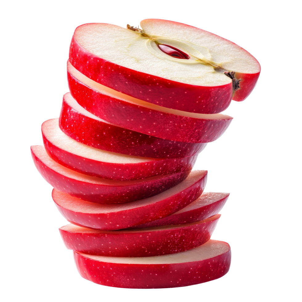A stack of fresh red apple slices arranged neatly on a clean transparent background for a vibrant and healthy look, stack of red sliced apples isolated on transparent background png
