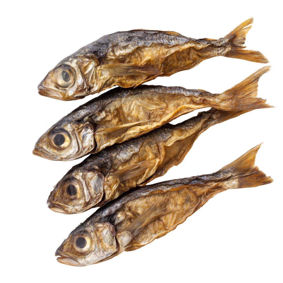 Dried fish arranged neatly on a transparent background showcasing the unique texture and color of dried seafood, Dried fish on a transparent background. Dried fish transparent background png