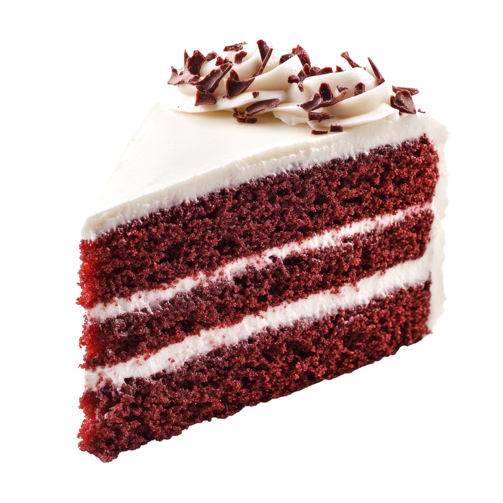 A slice of red velvet cake with frosting and chocolate shavings on a transparent background perfect for dessert lovers, Isolated Red Velvet Cake slice on a pure transparent background, with precision png