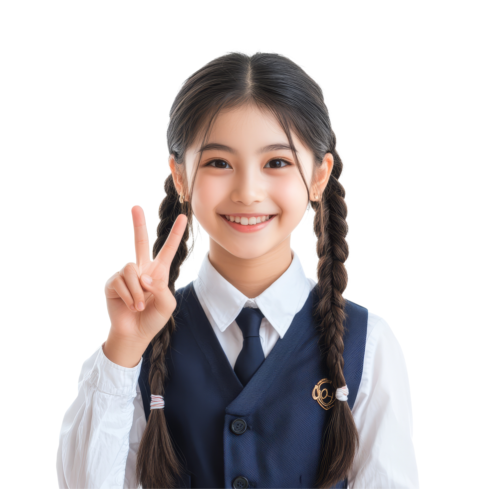 Cheerful Asian girl in school uniform forming peace sign, highlighting youthful spirit and joy in a bright setting, Happy pretty Asian student girl in school uniform isolated transparent background png