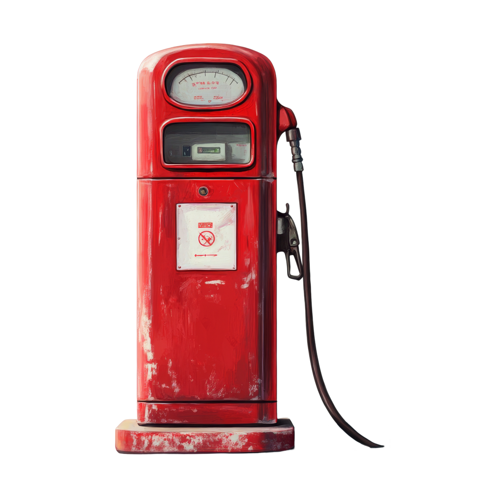 A vintage red gasoline pump positioned against a light background with a hose ready for fuel dispensing, Red gasoline pump Stock Illustration png