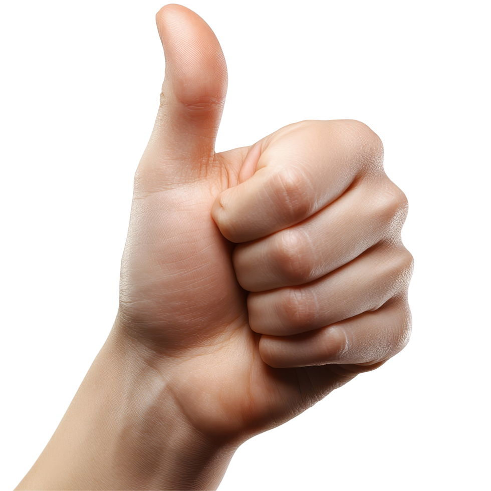 A hand giving a thumbs up against a transparent background expresses positivity and approval in a clear and simple manner, thumb up on transparent backgroundfile png