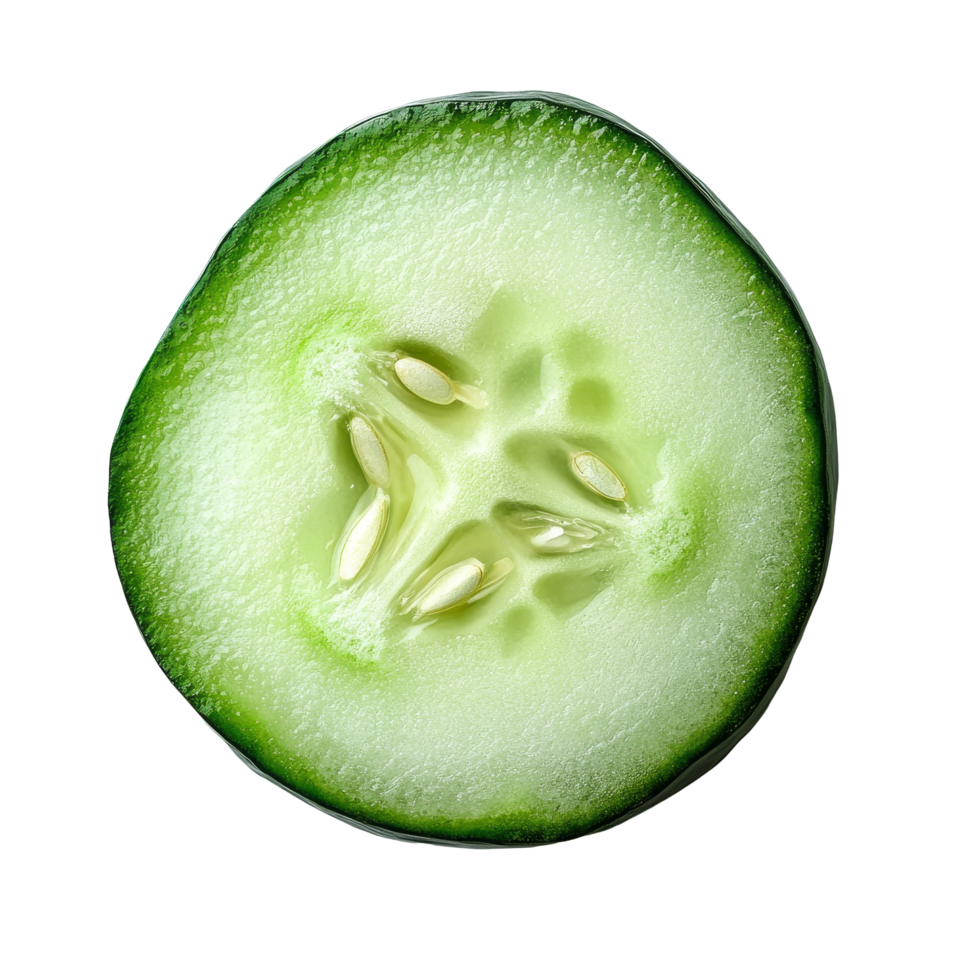 Fresh cucumber slice closeup on a transparent background showcasing the vibrant green color and inner texture, Fresh slice cucumber closeup on transparent background png