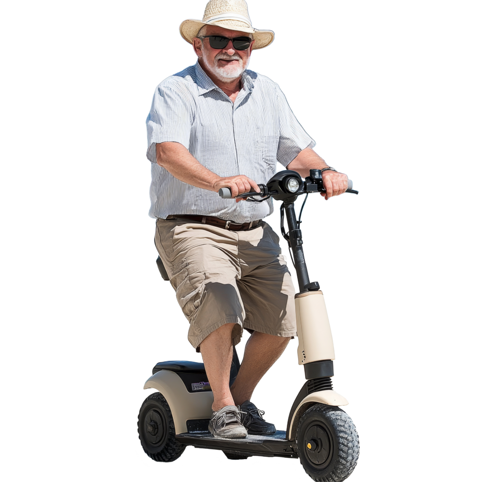 Senior man riding a scooter on the beach, enjoying a sunny day by the ocean waves, file no background Senior man going to the beach with an electric scooter png