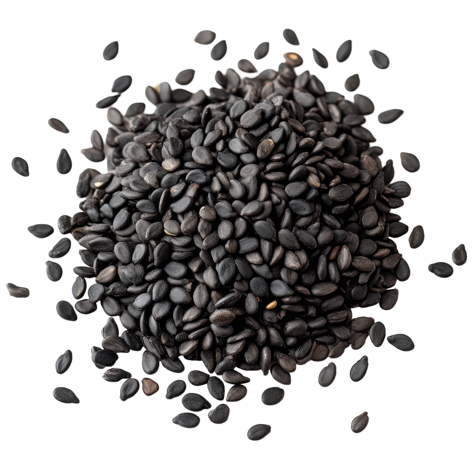 Organic black sesame seeds arranged on a transparent background in natural light, Black organic sesame seeds isolated on transparent background png
