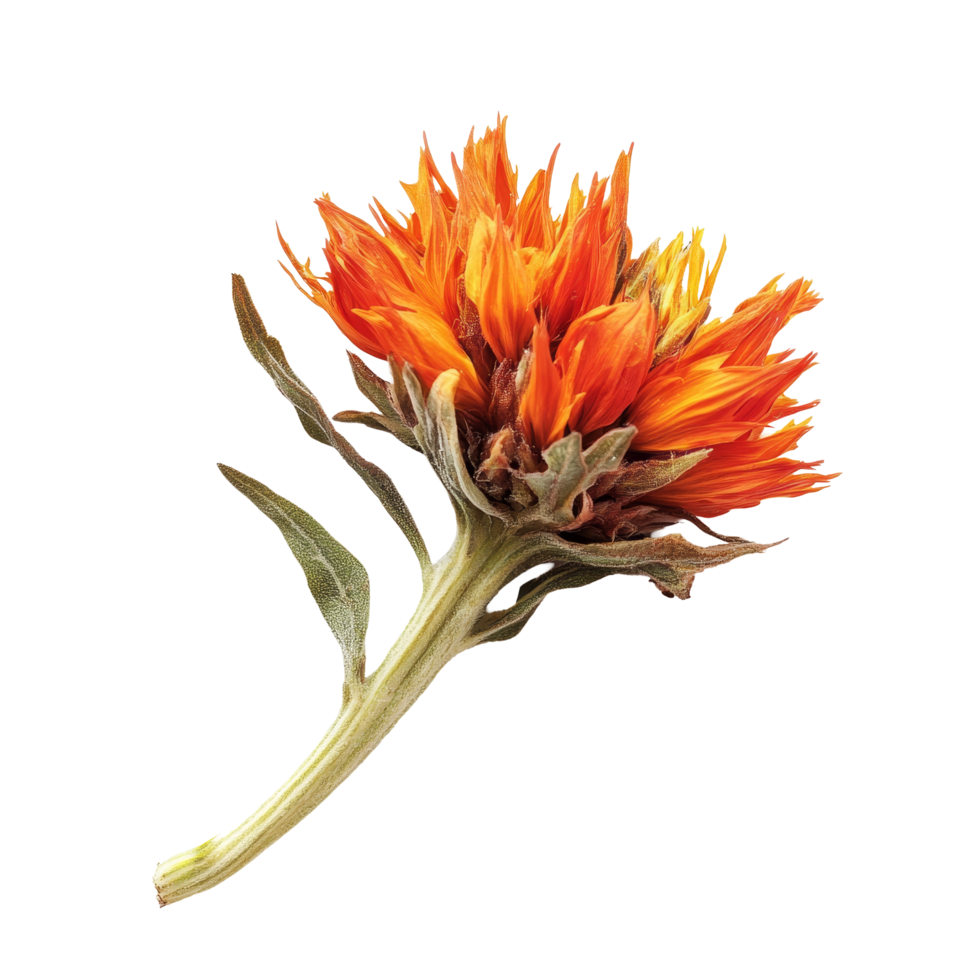 Bright safflower displayed on a transparent background capturing its vibrant orange and yellow petals with green leaves, safflower on transparent background png
