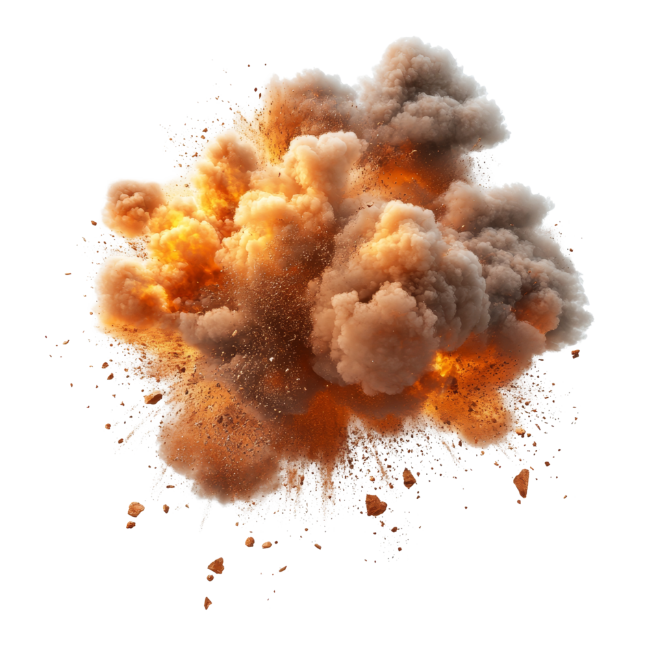 Realistic explosion isolated on a transparent background showcasing detailed smoke, fire, and debris effects, explosions and real isolated on transparent background png